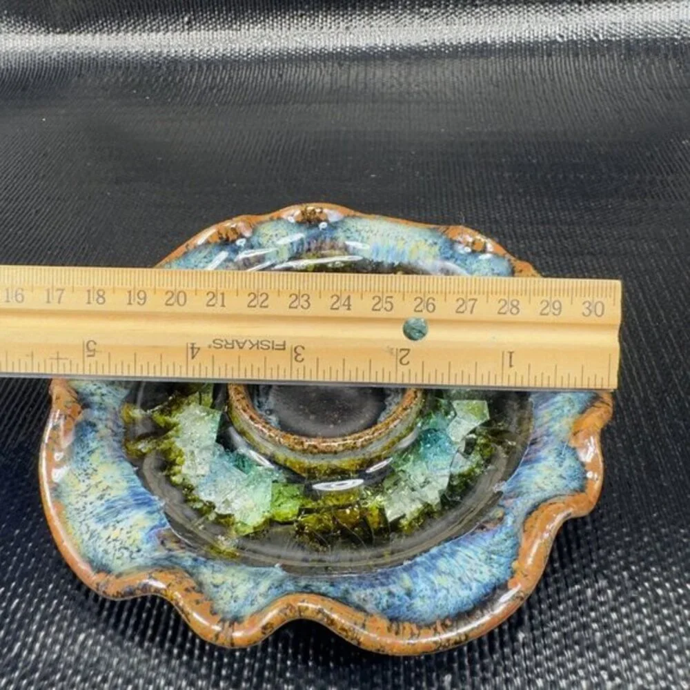 Crystalline Glaze Pottery Ruffle Edge Trinket Dish Tea Light‎ Holder Votive USA